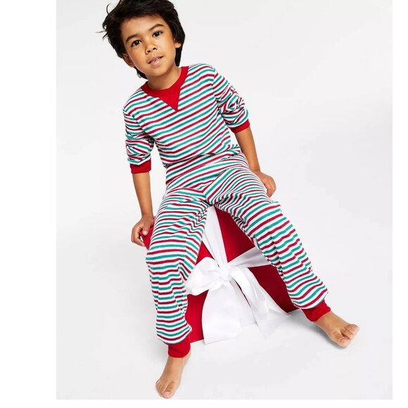 Family Pajamas Unisex Kids Boys Girls 2-Piece PJ Set, Red Green Stripe - Picture 3 of 4